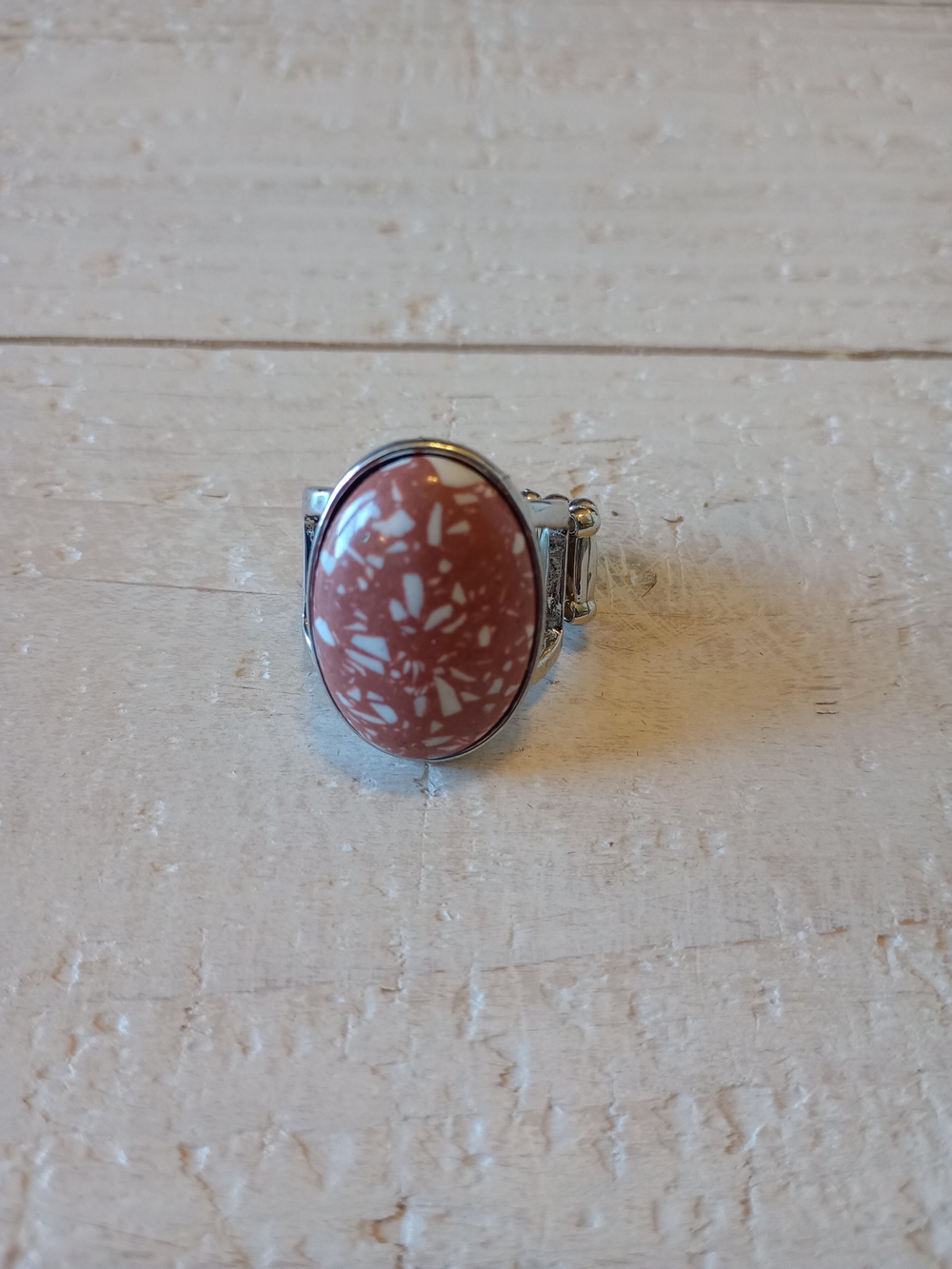 Silver Ring with Brown Speckled Oval Stone - Women's Fashion Jewelry